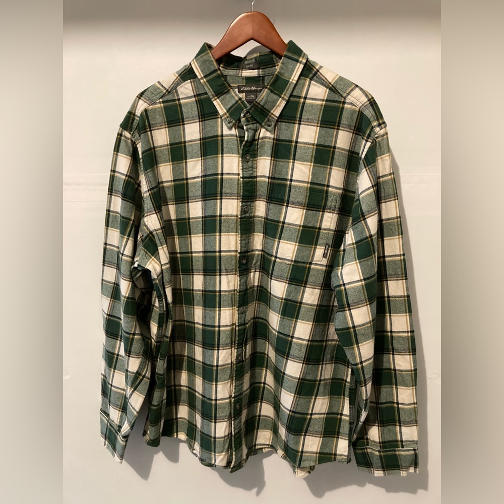 Cotton Flannel Eddie Bauer Forest Green Plaid Button Down Shirt SHACKET